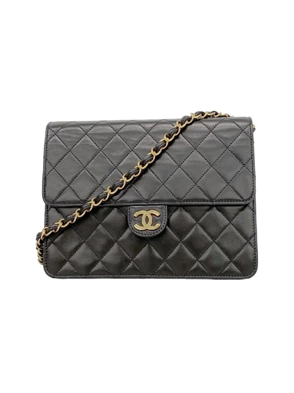 Chanel Shoulder Bag Quilted Lambskin Black Gold